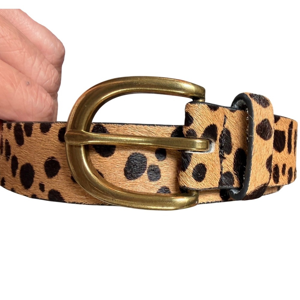 LOKLIK Leopard Print Calf Hair Belt Brown Tan Medium Genuine Leather Gold Buckle
